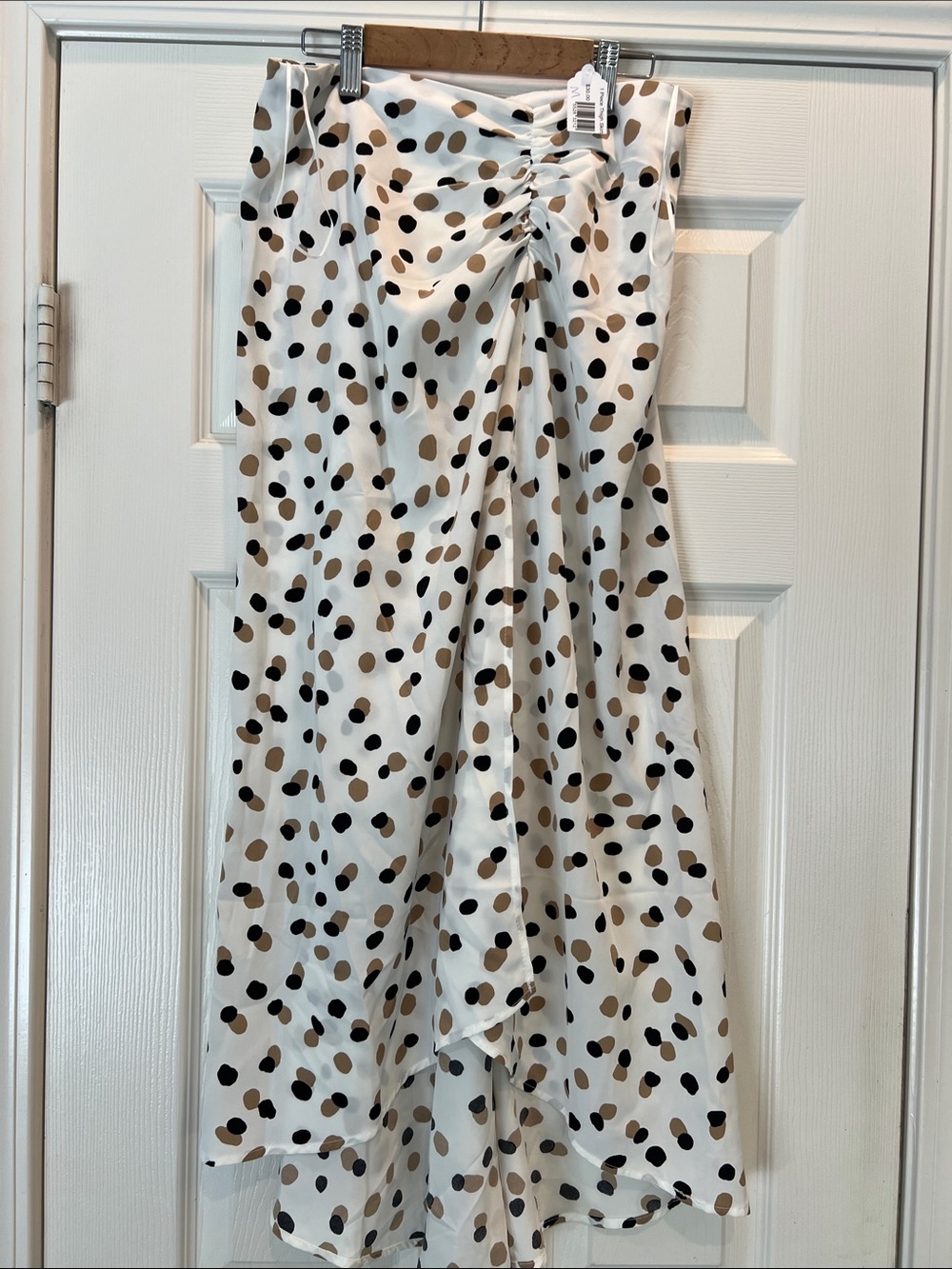 White Polka Dot Midi Skirt with Ruched Detail